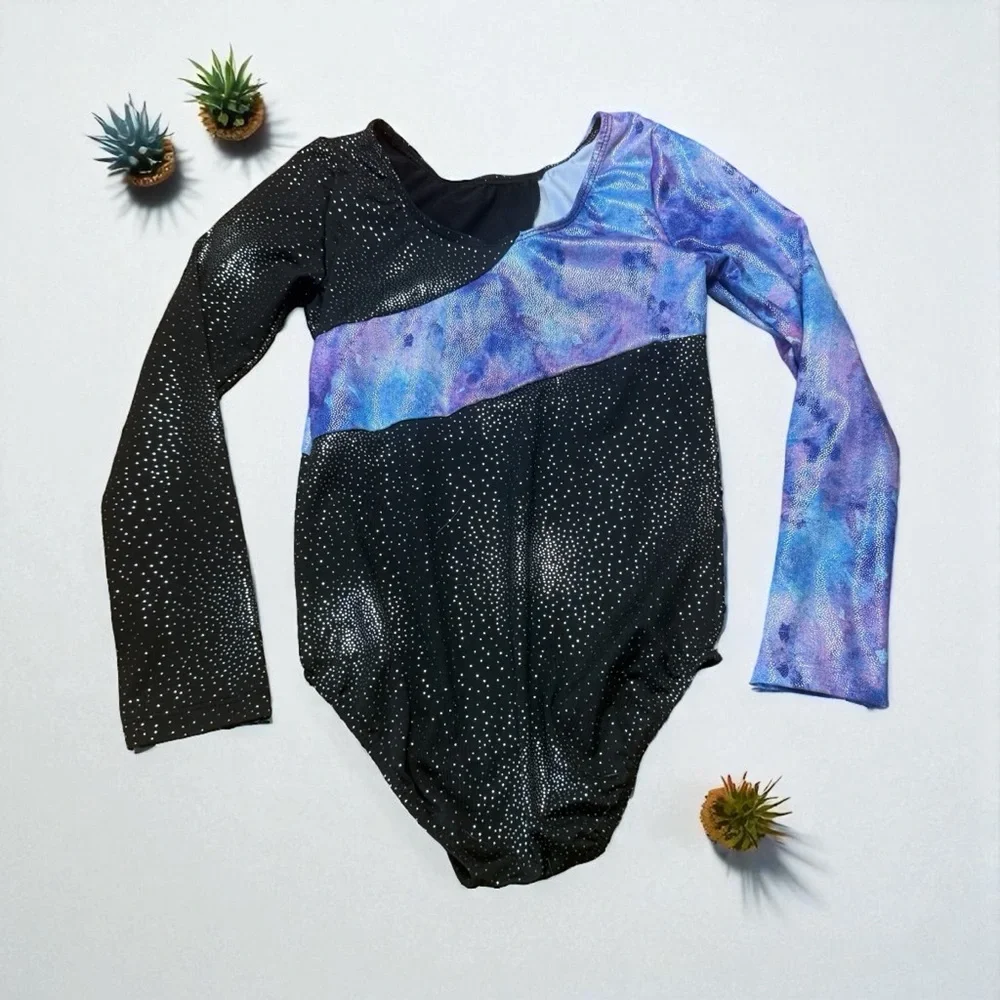 140 (size 9-10) Children's Long Sleeved Leotard in black, purple, and blue